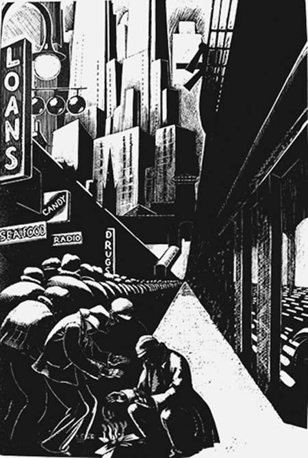 Nightsticks and jail time cannot address the lack of housing and services that put millions of people on the streets in the first place. “Bread Line.” Wood engraving by Clare Leighton Courtesy of M. Lee Stone Fine Prints, San Jose