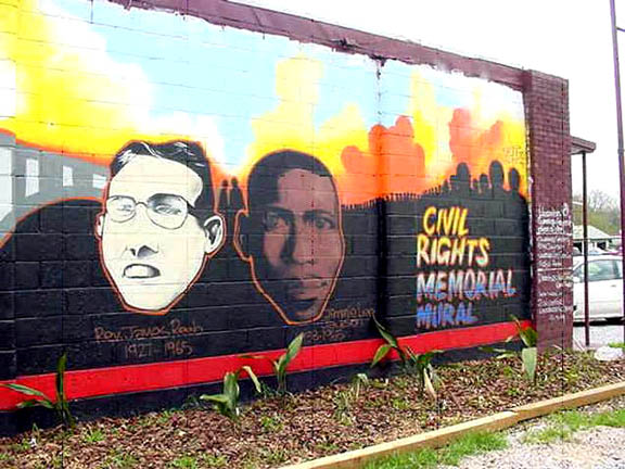 The Civil Rights Memorial Mural honors Rev. James Reeb (left) and Jimmie Lee Jackson who were both murdered during the Selma movement for voting rights.