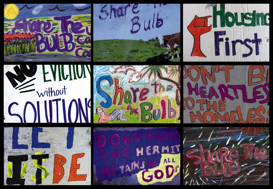 “Protest Grid.”  Albany Bulb residents carried these signs protesting their eviction to Albany City Hall. Image by Robin Lasser