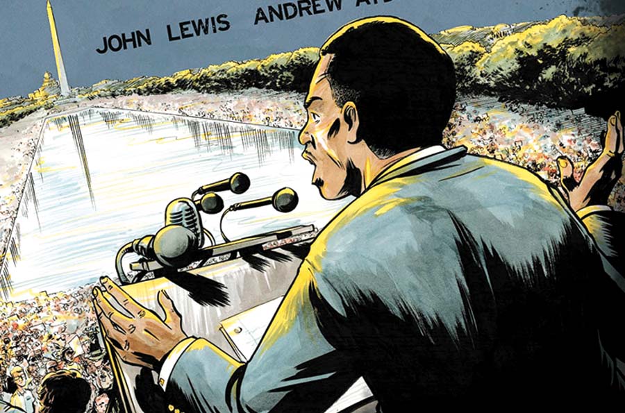 The cover art of March: Book Two depicts John Lewis speaking at the massive March on Washington for Jobs and Freedom on August 28, 1963, when he was 25.