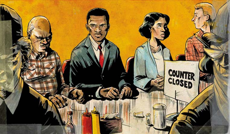 John Lewis joins the historic sit-in at a Nashville lunch counter. Detail of art from book cover of March: Book One.