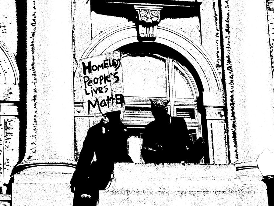 “Homeless People’s Lives Matter.” Artwork based on the Berkeley City Council protest on March 17. Art by Carol Denney