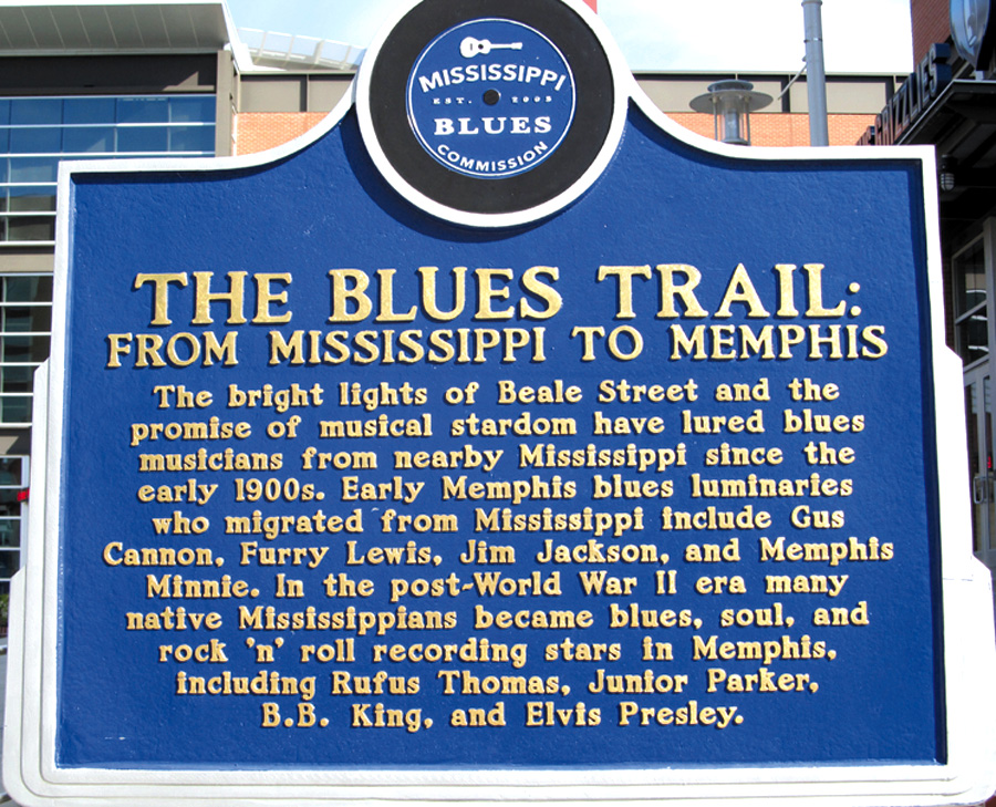 “The Blues Trail.” This Blues Marker in Memphis honors the journey of many blues artists from rural Mississippi to Beale Street and beyond.  Ellen Danchik photo