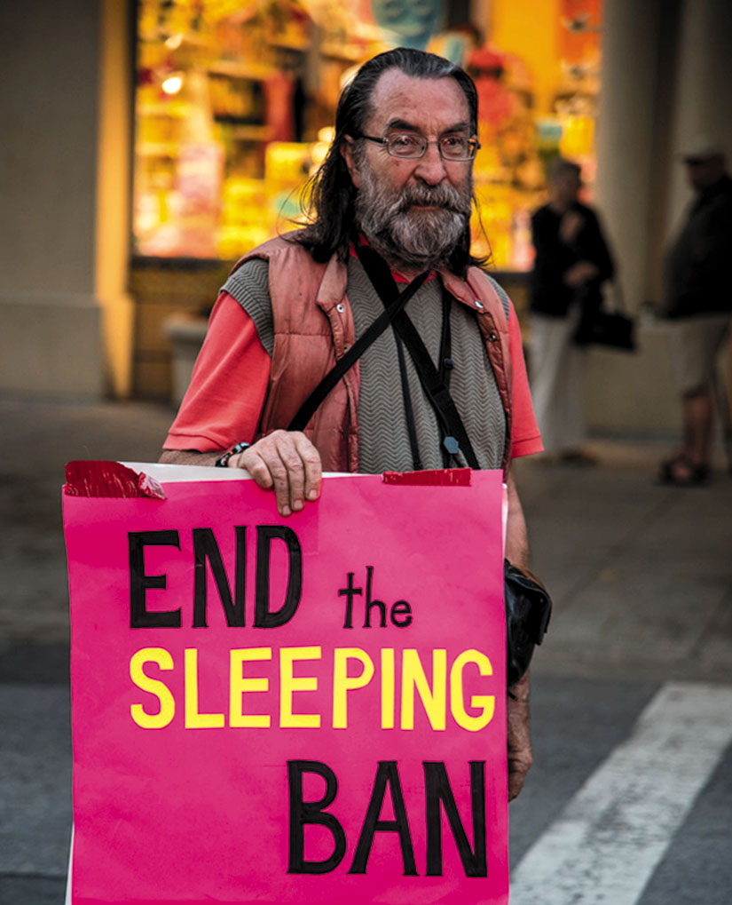 Freedom Sleepers in Santa Cruz call for an end to Sleeping Ban. Photo by Alex Darocy