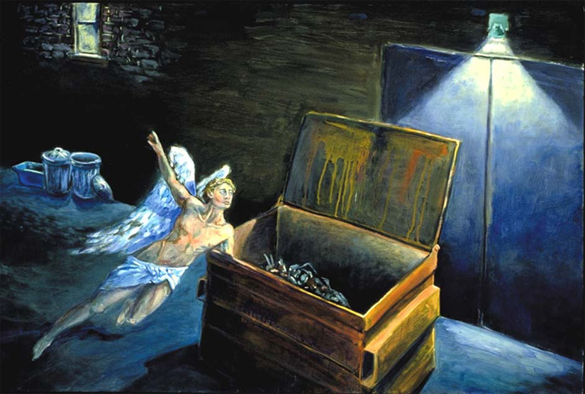 "Dumpster Dive." An angelic spirit hovers over an alley where homeless people seek food and shelter. Painting by Jonathan Burstein