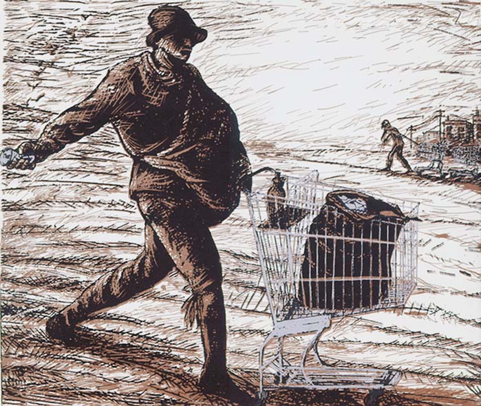 The Aluminum Harvester, an artistic work by Jos Sances, updates Millet’s classic painting, depicting the fruitful labor of the shopping cart recycler.