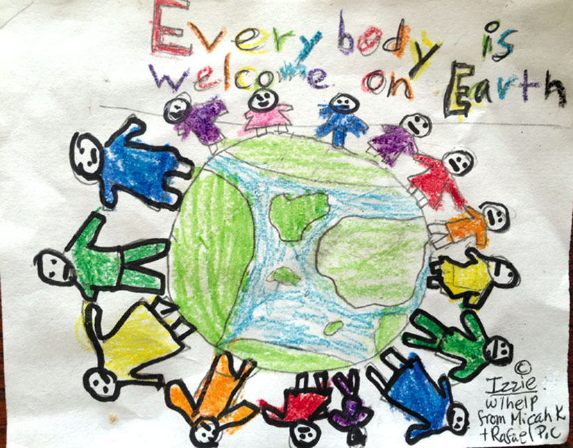 “Everybody Is Welcome on Earth.” Art by Izzie with help from Micah and Rafael
