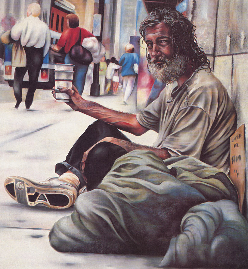 Franciscan monks were penniless mendicants who prayed and begged for alms. In Buddhism, begging is considered an honorable tradition. Art by National Coalition for the Homeless.