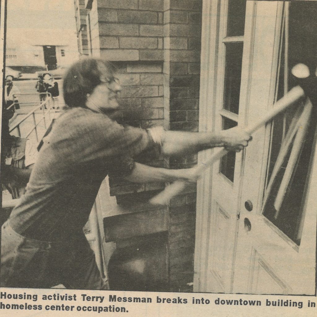 An old newspaper clipping shows Terry breaking into an empty home using a sledgehammer.