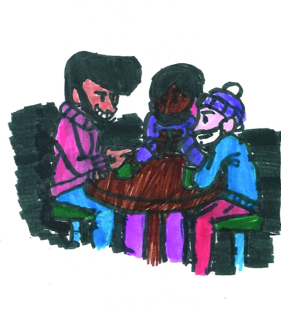 An illustration of Ace, Duncan, and Vince having coffee at the Wall Berlin.