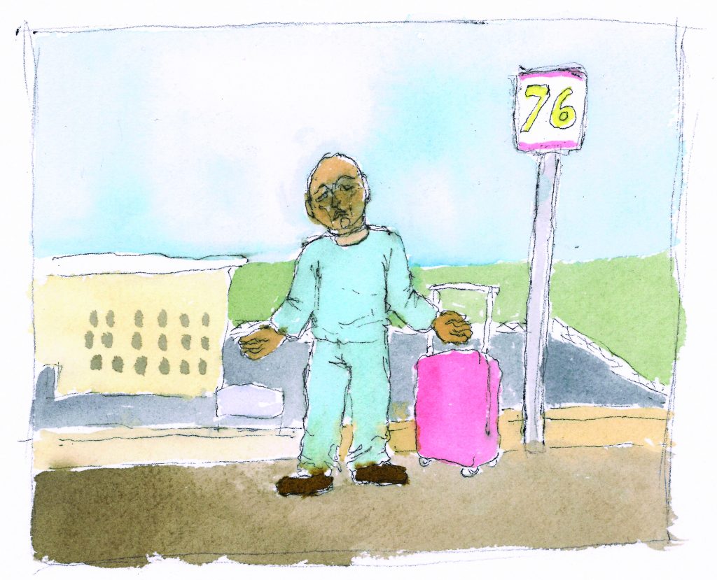 Watercolor drawing of man outside bus stop.