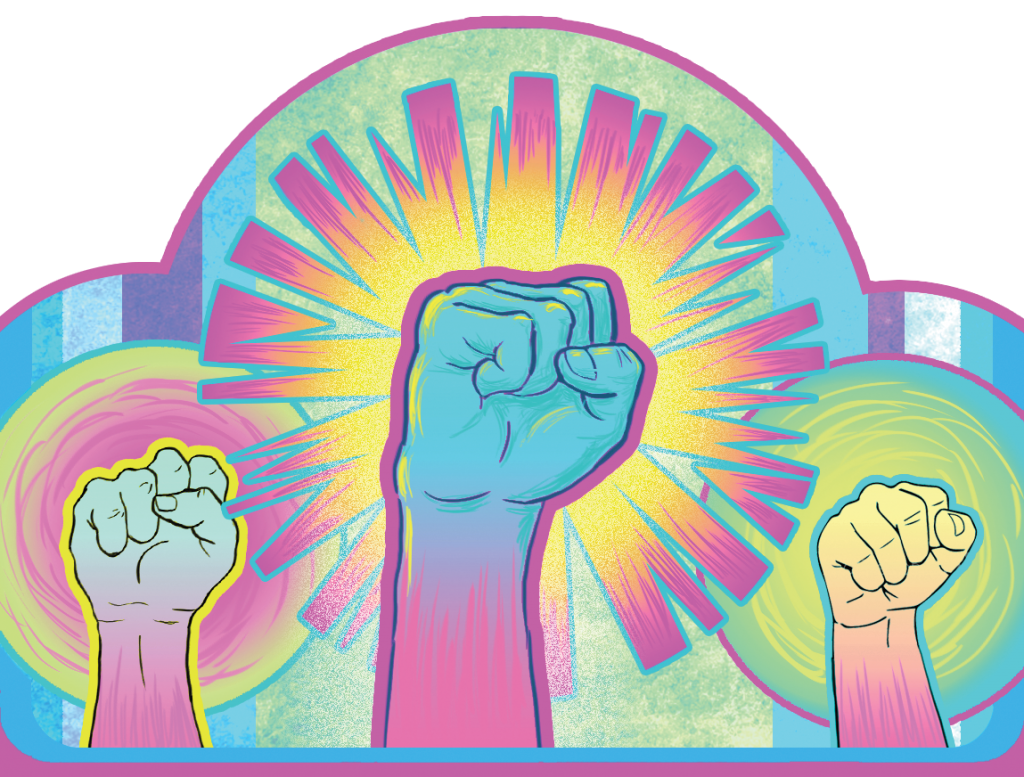 Drawing of fists raised in the air.