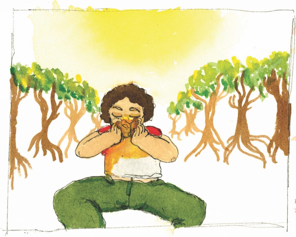 A drawing of a young woman eating a mango.