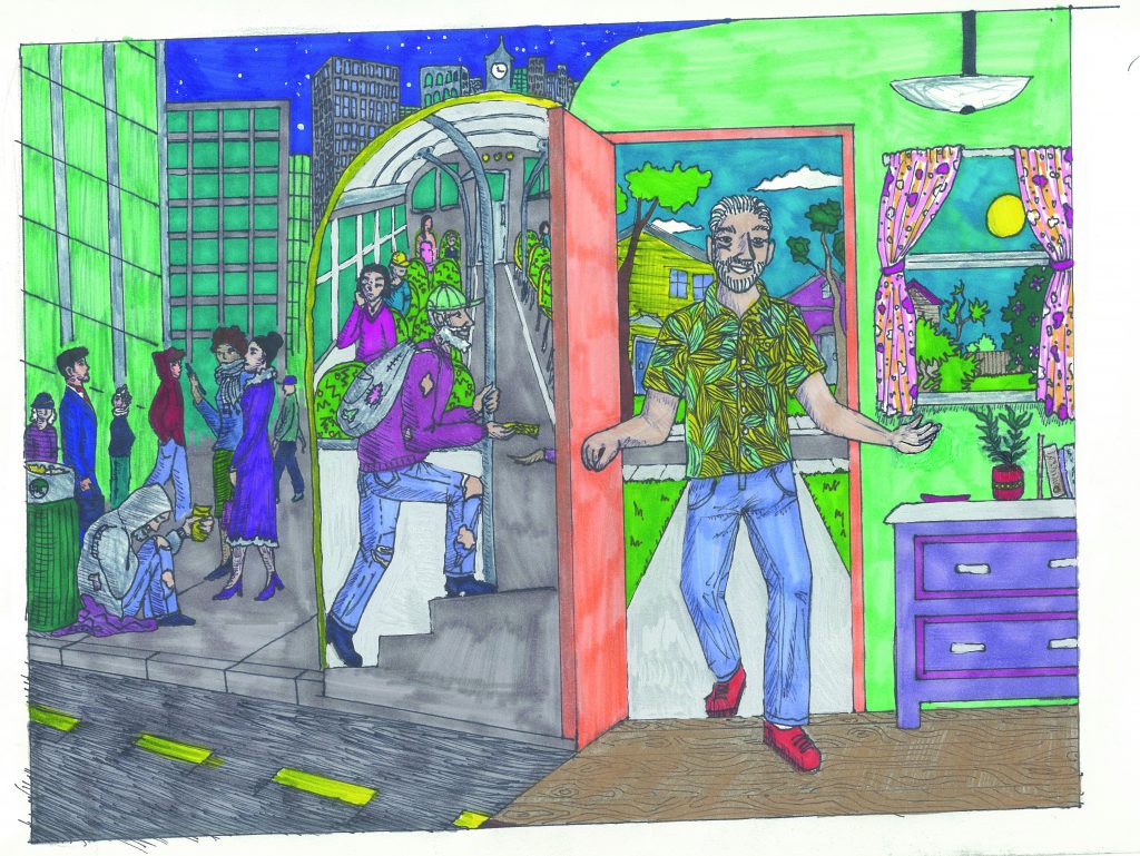 A drawing of Andy getting on a bus and leaving the Bay Area, soon to be housed elsewhere.