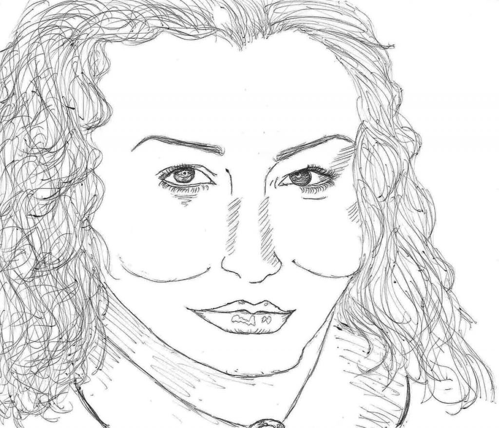 A drawing of the author, Meg Elison.