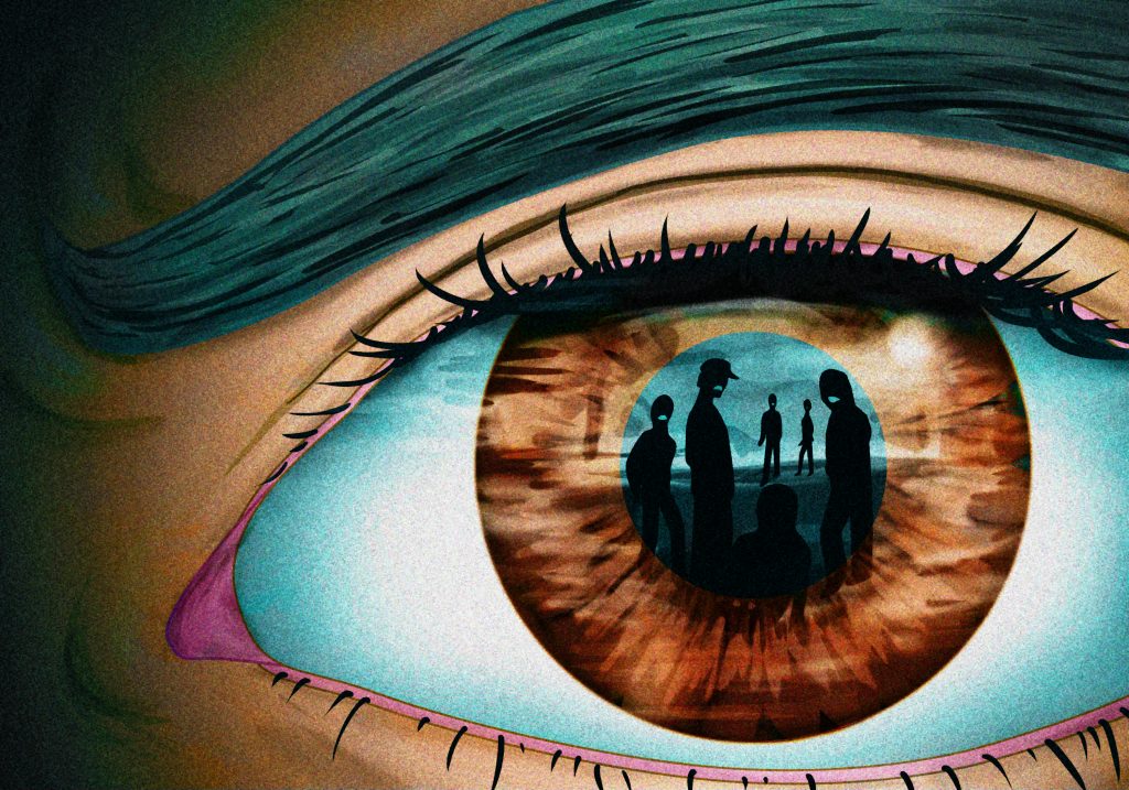 An illustration of an eye up close. In the reflection, you can see angry looking people looking in.