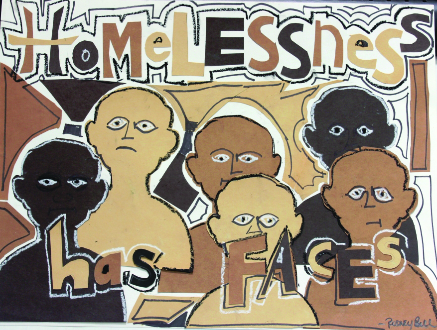 A collage-style image of several people of different races. Framing the image reads the words "homelessness has faces"