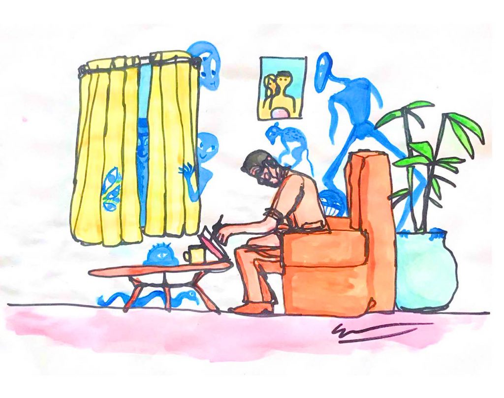 A watercolor painting of a man sitting in a chair and writing. Friendly looking alien-like creatures lurk in the background.