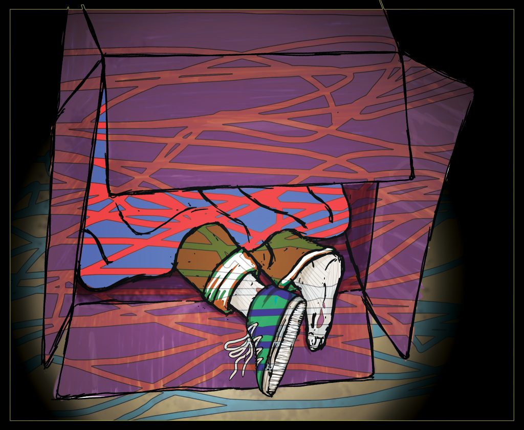 An illustration of a pair of feet sticking out of a cardboard box.