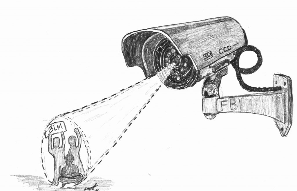 A pencil drawing of a CDC camera watching BLM protestors.