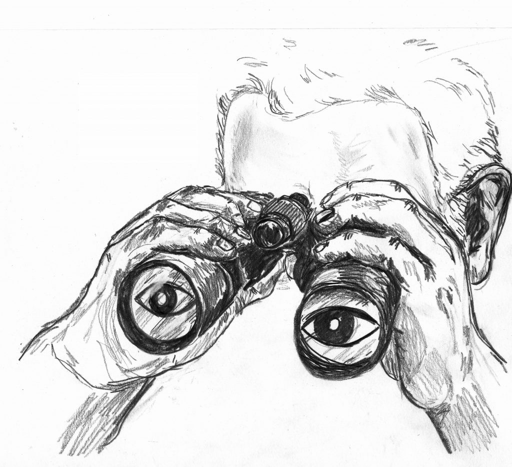 A pencil drawing of a person looking through binoculars.