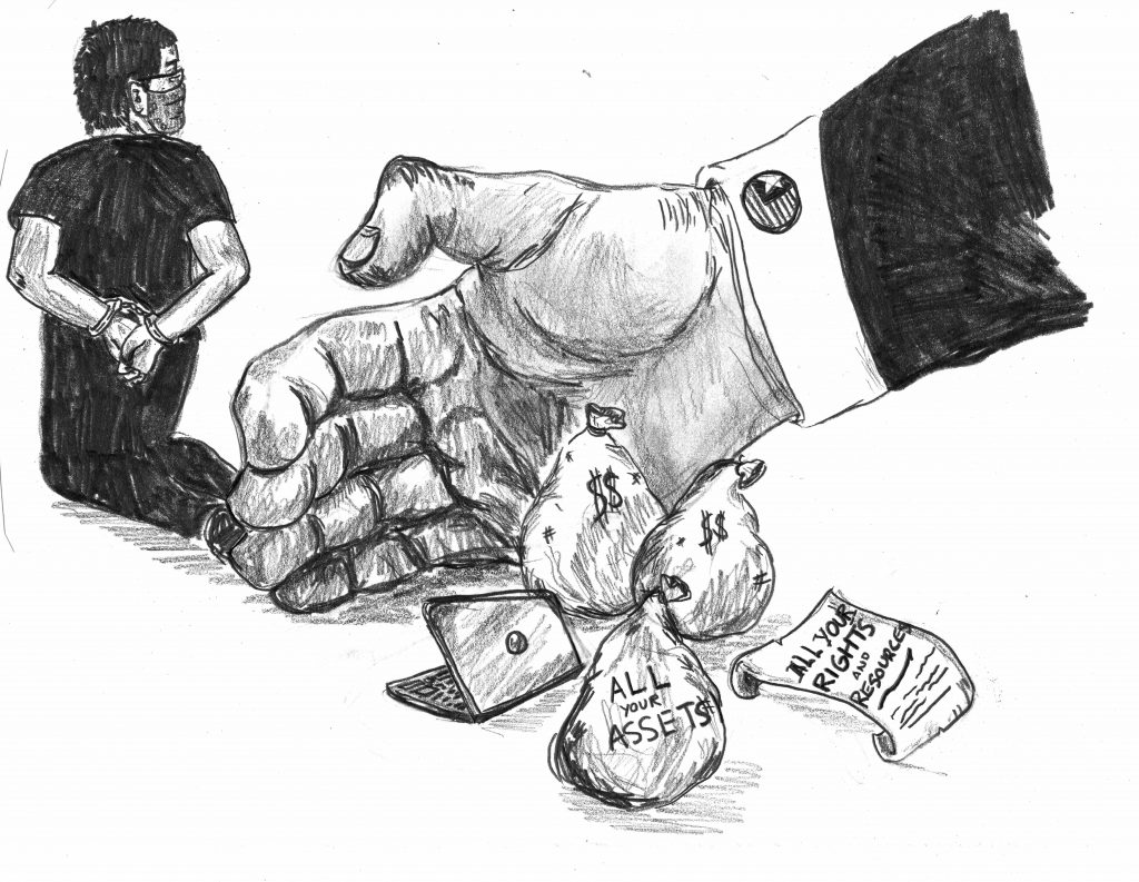A pencil drawing of a person in handcuffs from behind, kneeling. Behind them is a giant hand, raking up several bags of money and documents that say "all your rights and resources."