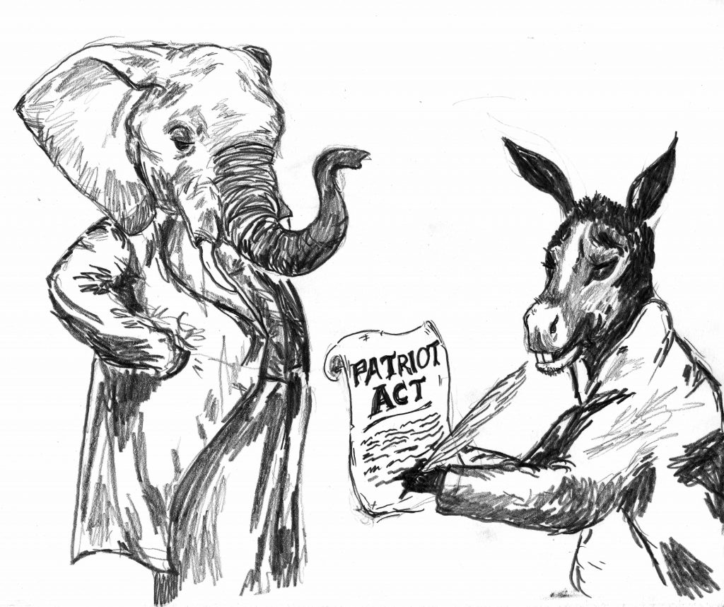 A pencil drawing of an elephant looking on at a donkey signing a document titled "Patriot Act"