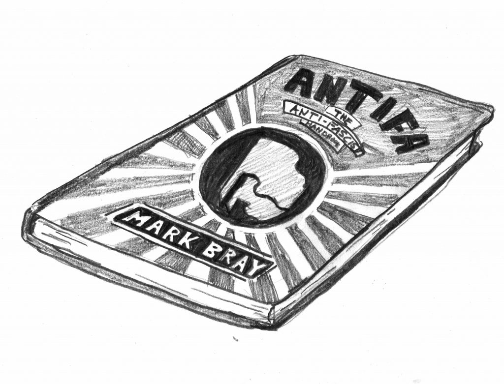 A pencil drawing of a book by Mark Bray called Antifa.