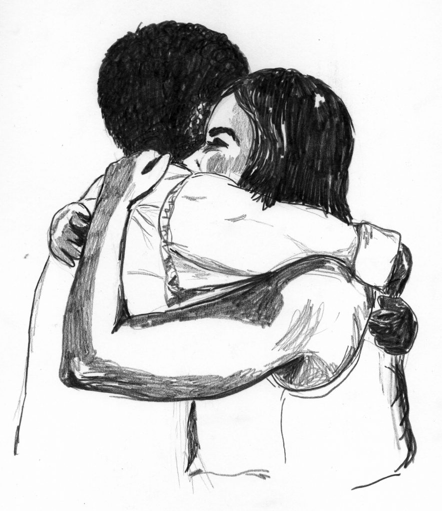 A pencil drawing of two people hugging.
