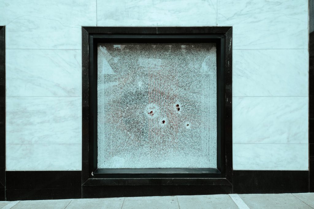 A shattered window in Union Square. 
