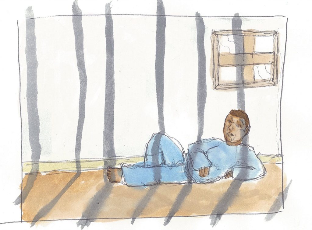 A watercolor of an incarcerated person in their cell. 