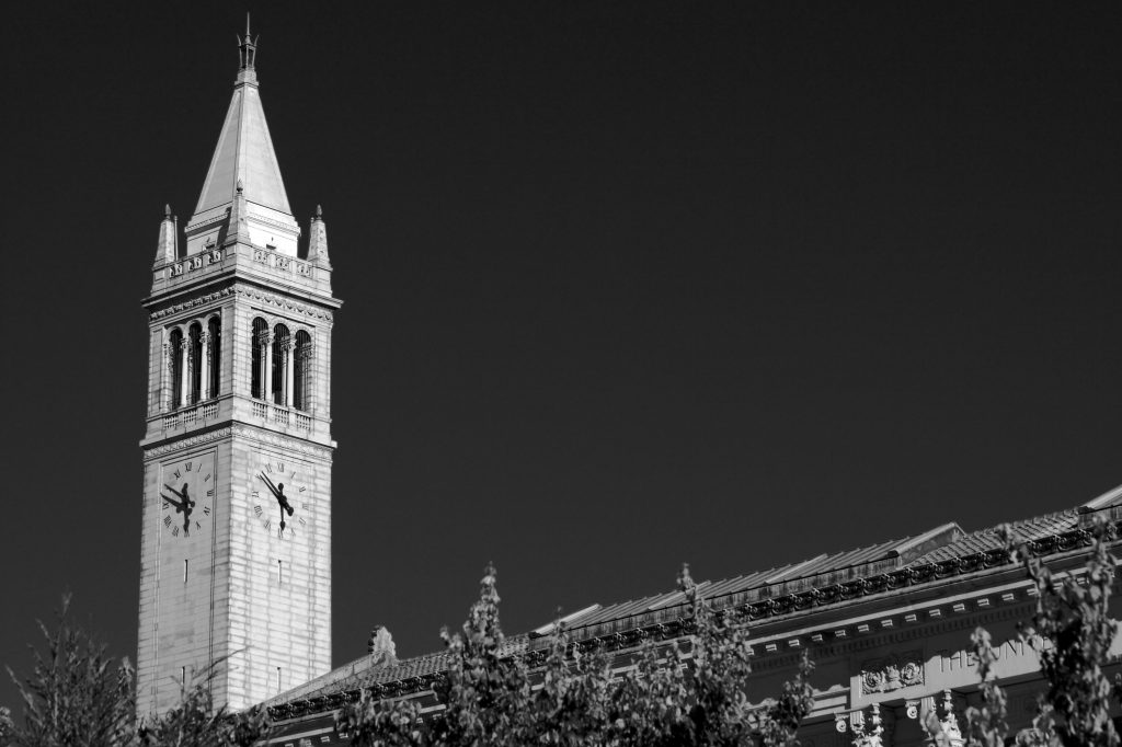 A black and white image of the UC Berkeley Campanile.