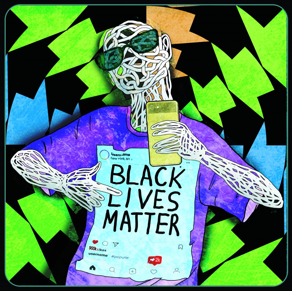 A digital image of a skeleton with a shirt that has a photo of an instagram post that "black lives matter", pointing to themselves.