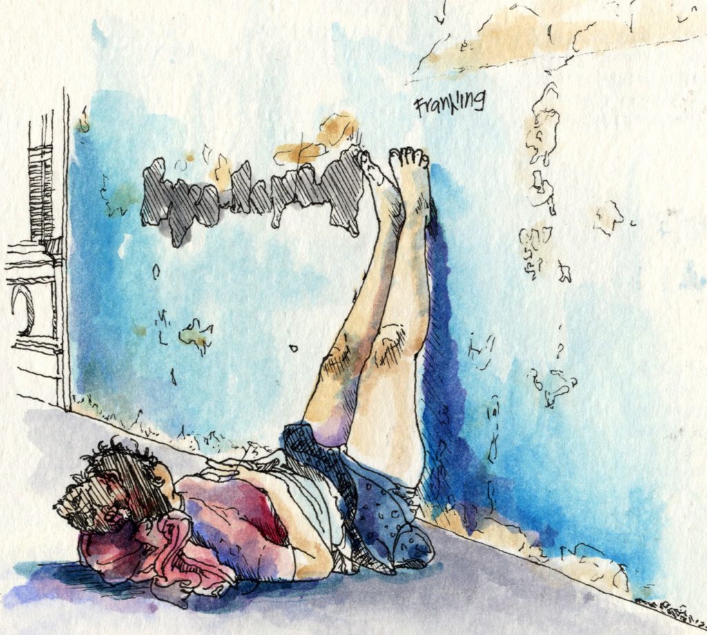 A watercolor of a homeless woman laying on the ground on her back and props her feet up against the wall.