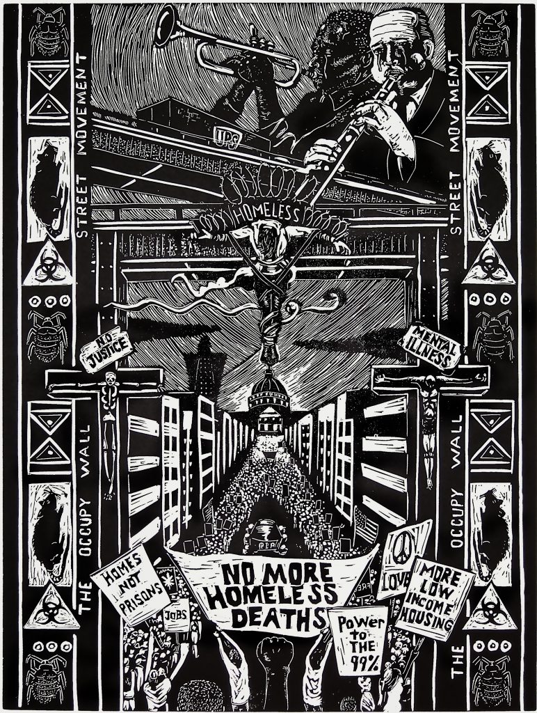 A large lino cut mage with lots of different scenes. The image is black and white. At the top there are people playing music. At the bottom there's a huge march in the street to a city hall building. people are holding signs that say things like "homes not prisons" and "no more homeless deaths." 