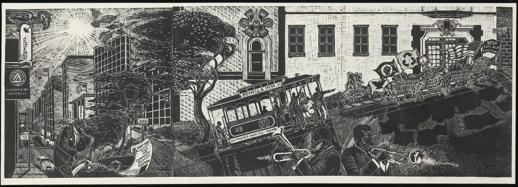 A lino cut image of jazz musicians playing horn instruments on the streets of San Francisco. In the background a trolley passes by holding protestors carrying flags. 