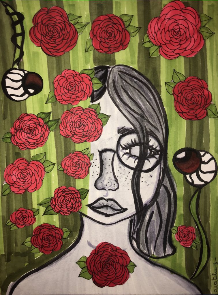 Abstract drawing of a girl with freckles surrounded by roses and eyeballs.