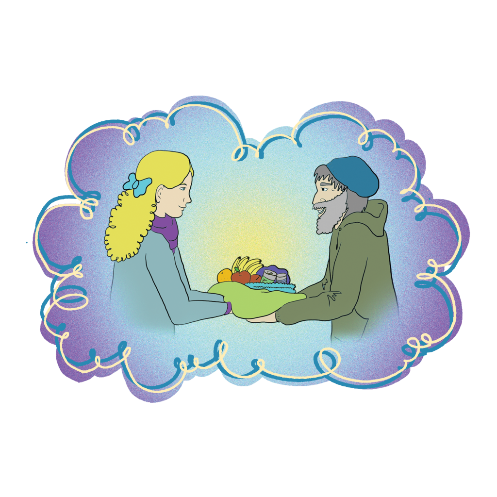 A digital image of a woman handing a bundle of food to an unsheltered man.