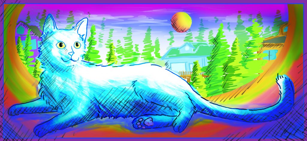 A brightly colored digital illustration of a cat lying down. A house and a forest can be seen in the background.