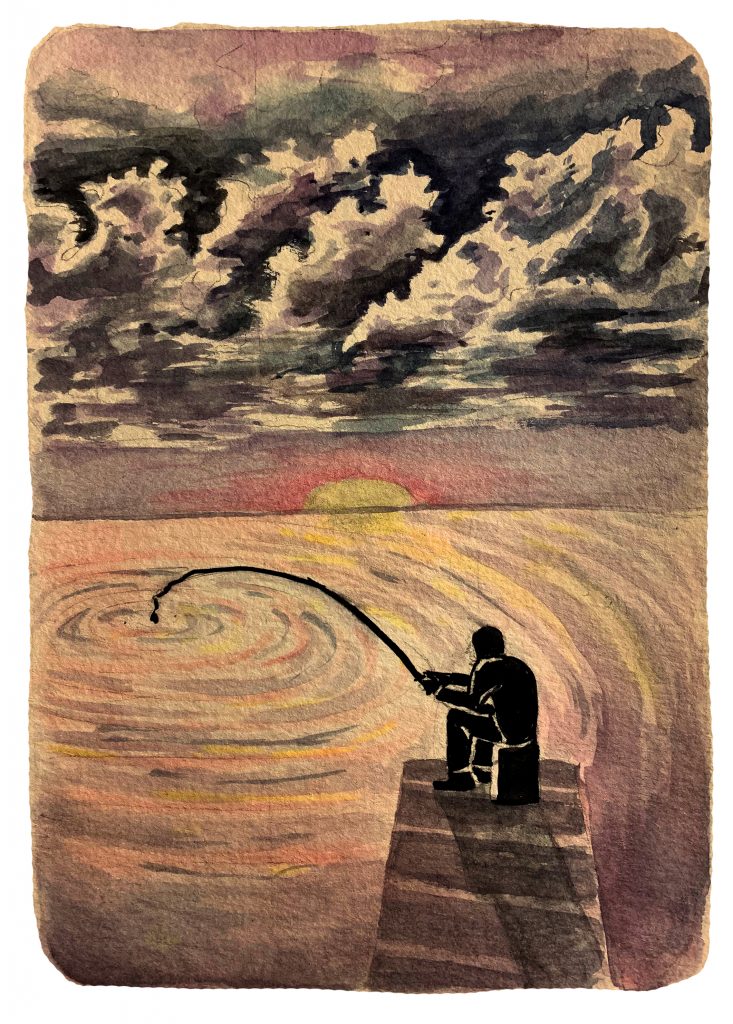 A watercolor painting of a person fishing in the ocean. The ocean is brightly colored and the sun is setting. Stormy clouds are overhead.