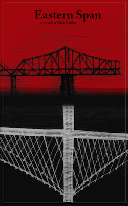 The cover of Eastern span: a sketching of the Bay Bridge with a red and black background 