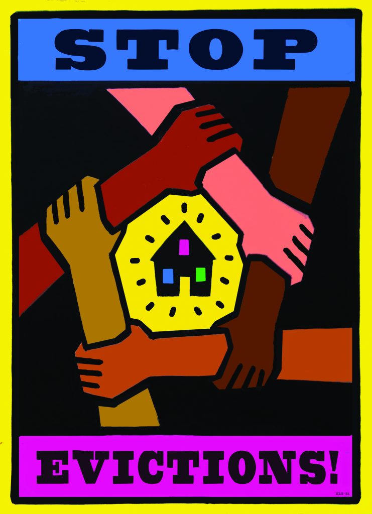 An illustrated poster that reads "stop evictions!". In the middle. At the center, people with different skin colors grab each others wrists, forming a circle shape. In the middle of the circle, there is a an image of a house with multicolored windows. The poster is bright and uses shades of yellow, pink, green, and blue.
