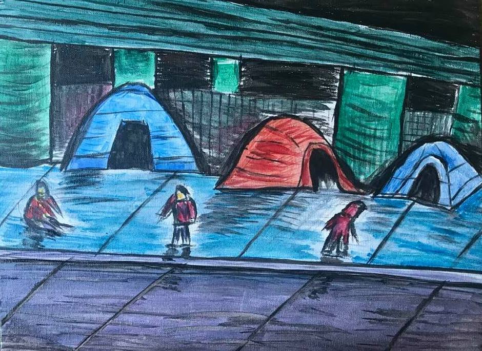 A painting of three tents on the sidewalk with three abstract images of people standing in front of them. The tents are blue, red, and blue.