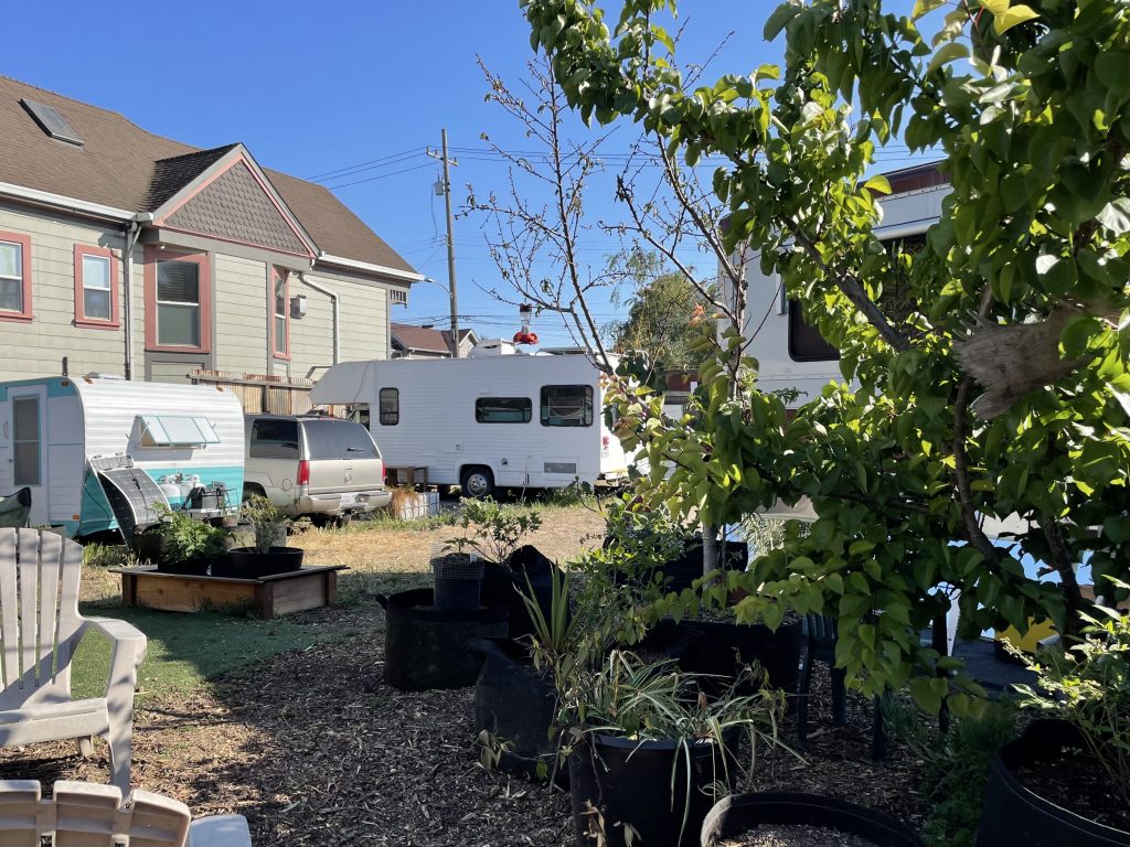 Potted plants and greenery make up the Neighborship garden. In the background, three RVs and cars can be seen.