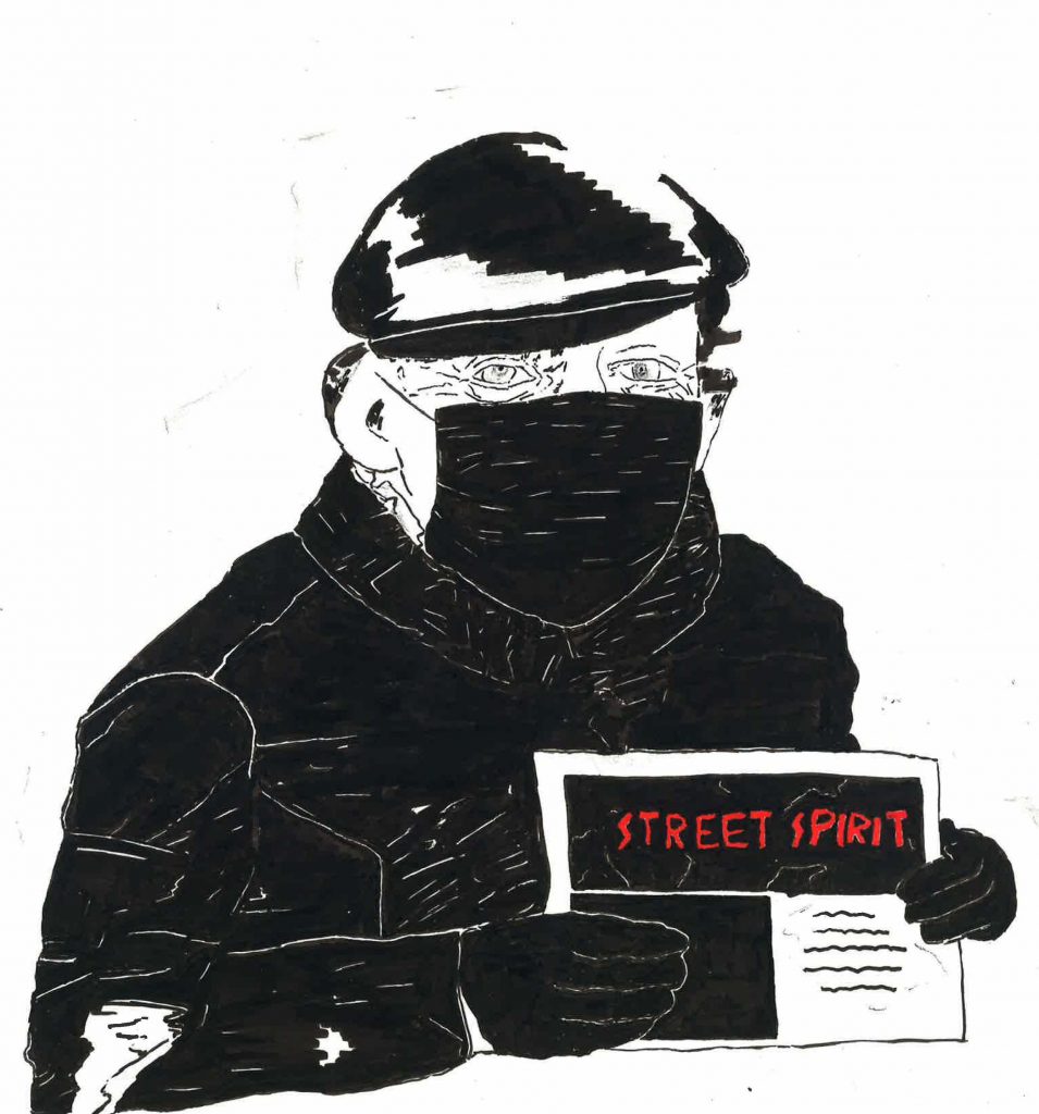 A drawing of Jeremy Caughlan, a white man in a black sweatshirt holding up a copy of the newspaper.