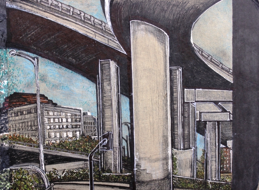 A colored pencil drawing of the MacArthur Maze: a grey maze of highway overpasses in Oakland.