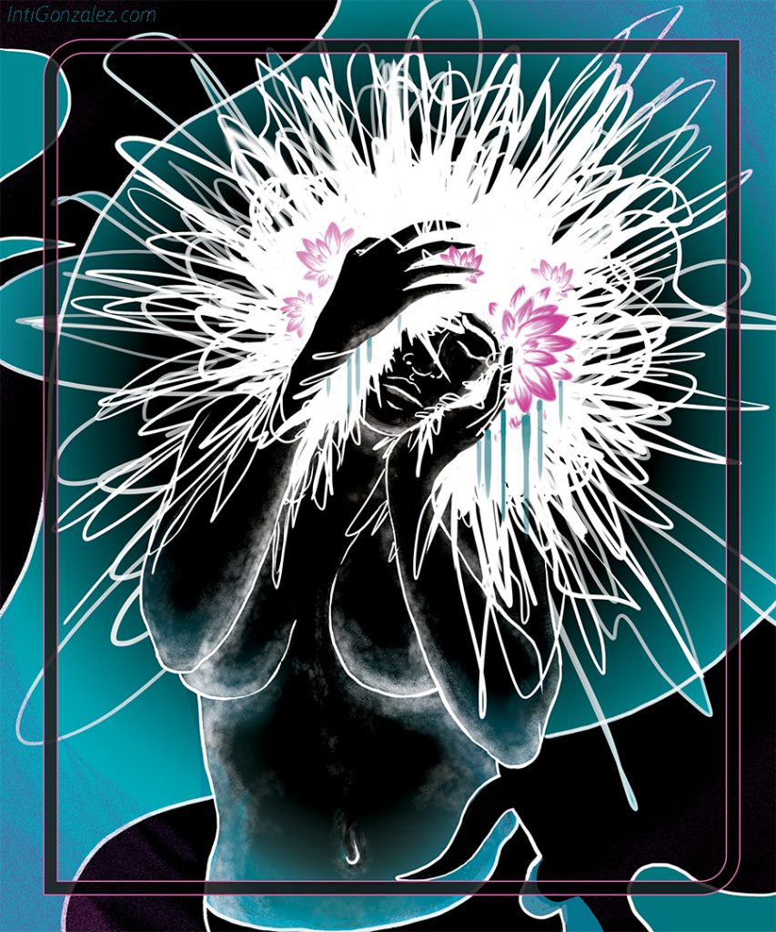 A digital image of a woman with her head in her hands. Her body is an iridescent mixture of black and blue. Her hair is bright white, and is worn in kind of an abstract afro that is big and bright like the sun. She has pink flowers in her hair.