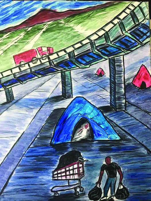 A colored pencil drawing of tents under a highway overpass. Outside a blue tent, a Black man holds two backpacks next to a shopping tent. Red tents can be seen in the background. Above, a truck drives over the overpass.