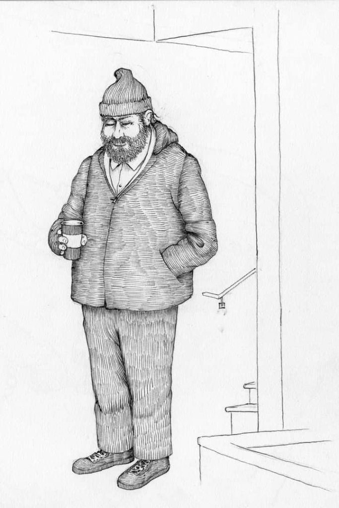 A sketch of a man in a big coat with his eyes closed and one hand in his pocket, holding a cup of coffee.