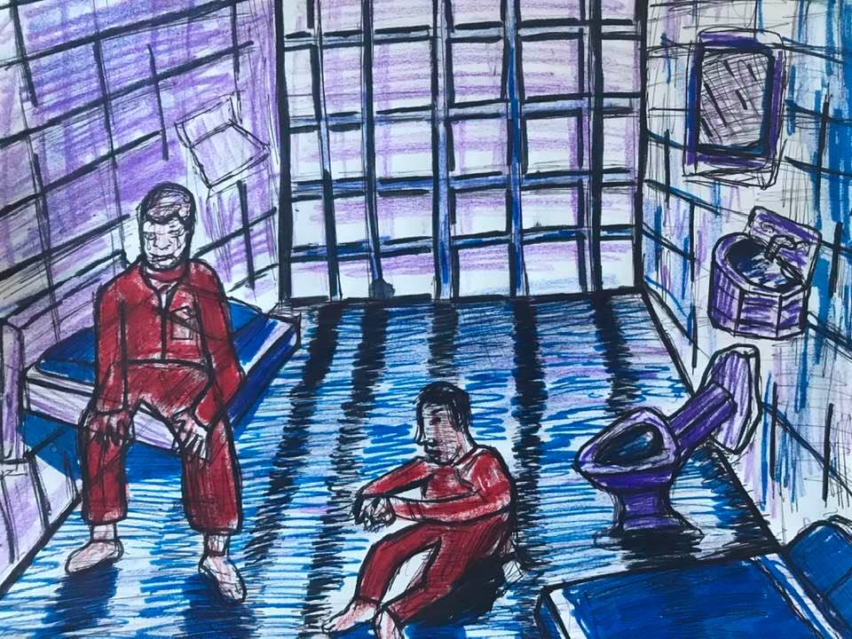 An illustration of two people in red jumpsuits sitting in a prison cell. Bars can be seen behind them, enclosing them into the small space.